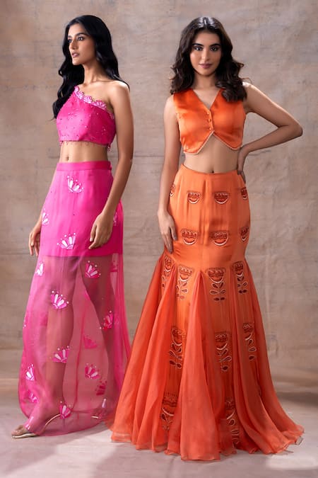 Akashi Clothing Orange Modal, Satin, Organza Embroidery, Floral Godet Lehenga With Vest Blouse Online at Aza Fashions Akashi Clothing_Orange Modal, Satin, Organza Embroidery, Floral Godet Lehenga With Vest Blouse _Online_at_Aza_Fashions