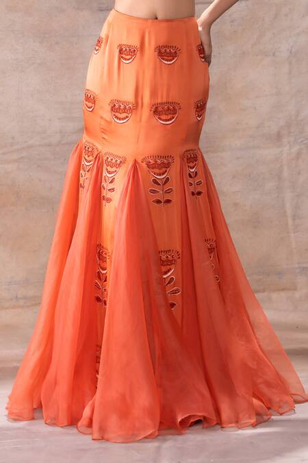 Akashi Clothing Orange Modal, Satin, Organza Embroidery, Floral Godet Lehenga With Vest Blouse at Aza Fashions Akashi Clothing_Orange Modal, Satin, Organza Embroidery, Floral Godet Lehenga With Vest Blouse _at_Aza_Fashions