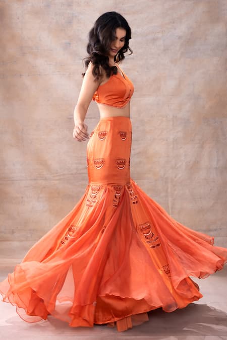 Buy Akashi Clothing Orange Modal, Satin, Organza Embroidery, Floral Godet Lehenga With Vest Blouse Buy_Akashi Clothing_Orange Modal, Satin, Organza Embroidery, Floral Godet Lehenga With Vest Blouse