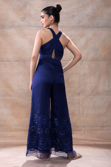 Shop Akashi Clothing Blue Modal, Organza Crystals, Cut Work Halter Dana Embroidered -out Jumpsuit at Aza Fashions Shop_Akashi Clothing_Blue Modal, Organza Crystals, Cut Work Halter Dana Embroidered -out Jumpsuit _at_Aza_Fashions