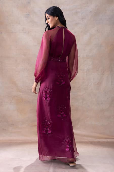 Shop Akashi Clothing Wine Modal, Satin, Organza Embroidery Bandeau Neck Cut Dana Sheer Slit Gown at Aza Fashions Shop_Akashi Clothing_Wine Modal, Satin, Organza Embroidery Bandeau Neck Cut Dana Sheer Slit Gown _at_Aza_Fashions