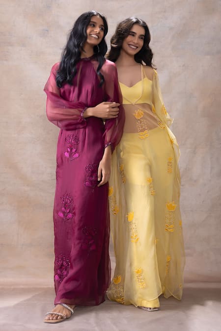 Akashi Clothing Wine Modal, Satin, Organza Embroidery Bandeau Neck Cut Dana Sheer Slit Gown Online at Aza Fashions Akashi Clothing_Wine Modal, Satin, Organza Embroidery Bandeau Neck Cut Dana Sheer Slit Gown _Online_at_Aza_Fashions