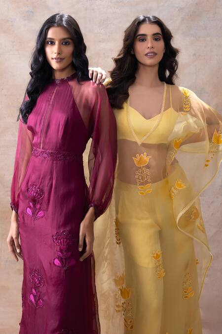 Buy Akashi Clothing Wine Modal, Satin, Organza Embroidery Bandeau Neck Cut Dana Sheer Slit Gown Online at Aza Fashions Buy_Akashi Clothing_Wine Modal, Satin, Organza Embroidery Bandeau Neck Cut Dana Sheer Slit Gown _Online_at_Aza_Fashions