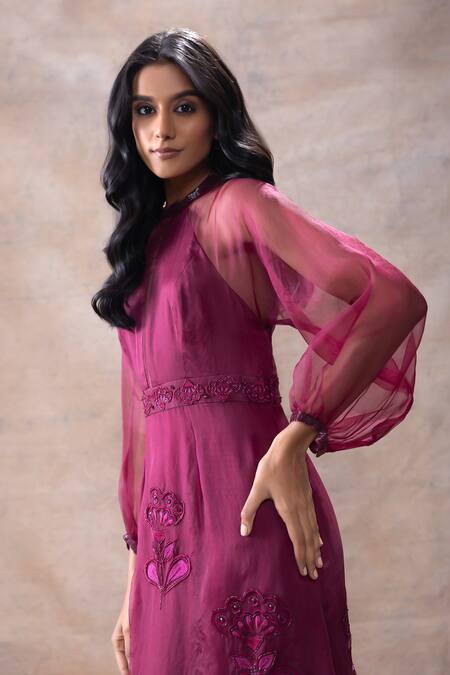 Shop Akashi Clothing Wine Modal, Satin, Organza Embroidery Bandeau Neck Cut Dana Sheer Slit Gown Online at Aza Fashions Shop_Akashi Clothing_Wine Modal, Satin, Organza Embroidery Bandeau Neck Cut Dana Sheer Slit Gown _Online_at_Aza_Fashions