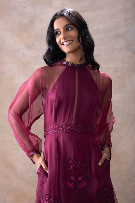 Akashi Clothing Wine Modal, Satin, Organza Embroidery Bandeau Neck Cut Dana Sheer Slit Gown at Aza Fashions Akashi Clothing_Wine Modal, Satin, Organza Embroidery Bandeau Neck Cut Dana Sheer Slit Gown _at_Aza_Fashions