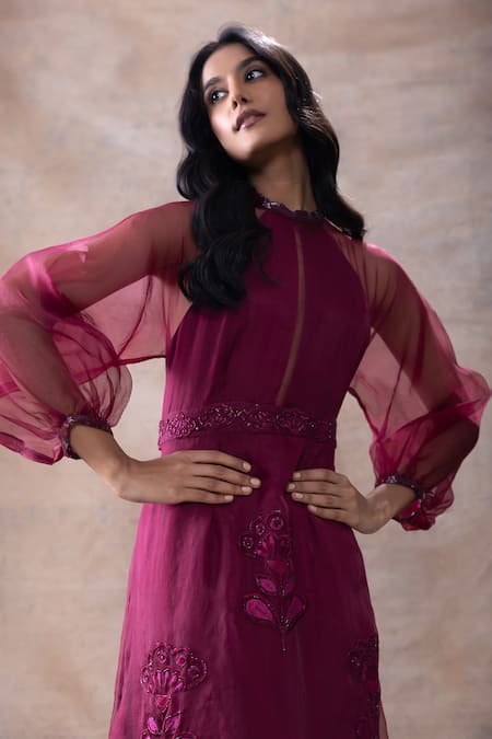 Buy Akashi Clothing Wine Modal, Satin, Organza Embroidery Bandeau Neck Cut Dana Sheer Slit Gown Buy_Akashi Clothing_Wine Modal, Satin, Organza Embroidery Bandeau Neck Cut Dana Sheer Slit Gown