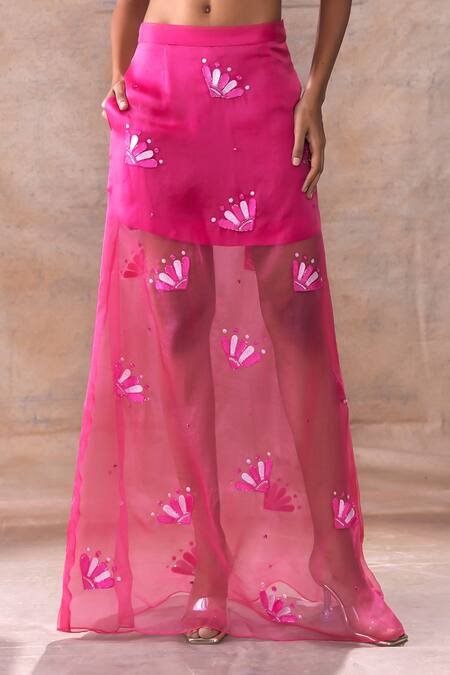 Buy_Akashi Clothing_Pink Modal, Organza Crystals, Embroidery One Floral Blouse With Skirt _Online_at_Aza_Fashions