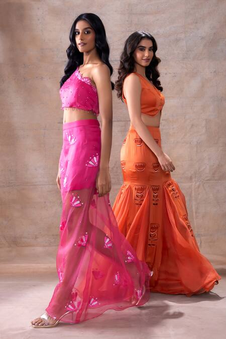 Akashi Clothing_Pink Modal, Organza Crystals, Embroidery One Floral Blouse With Skirt _at_Aza_Fashions