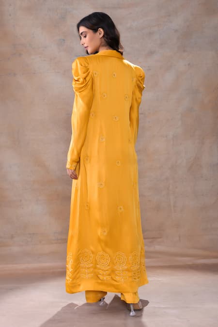 Shop_Akashi Clothing_Yellow Modal, Satin Embroidery Collared, Sweetheart Cut Dana Jacket Pant Set _at_Aza_Fashions