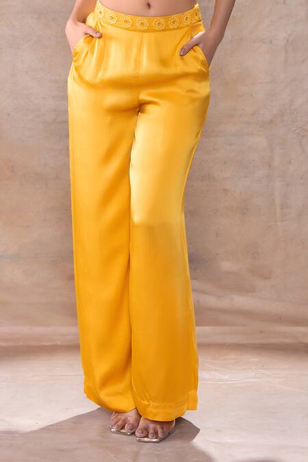 Shop_Akashi Clothing_Yellow Modal, Satin Embroidery Collared, Sweetheart Cut Dana Jacket Pant Set _Online_at_Aza_Fashions
