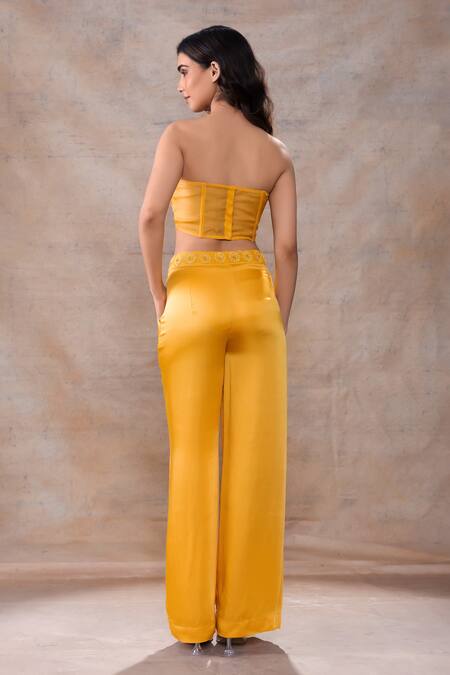 Akashi Clothing_Yellow Modal, Satin Embroidery Collared, Sweetheart Cut Dana Jacket Pant Set _at_Aza_Fashions