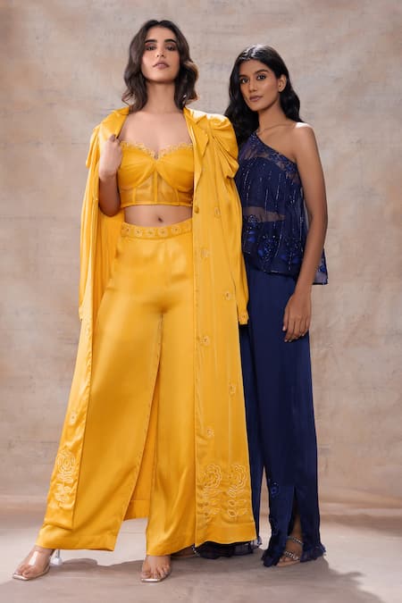 Buy_Akashi Clothing_Yellow Modal, Satin Embroidery Collared, Sweetheart Cut Dana Jacket Pant Set 