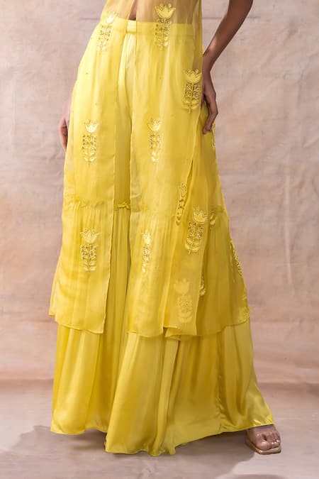 Akashi Clothing_Yellow Modal, Organza Embroidery Sweetheart Neck Floral Slit Tunic With Sharara _Online_at_Aza_Fashions