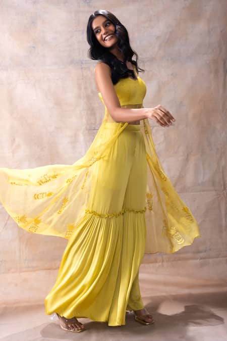 Buy_Akashi Clothing_Yellow Modal, Organza Embroidery Sweetheart Neck Floral Slit Tunic With Sharara _Online_at_Aza_Fashions