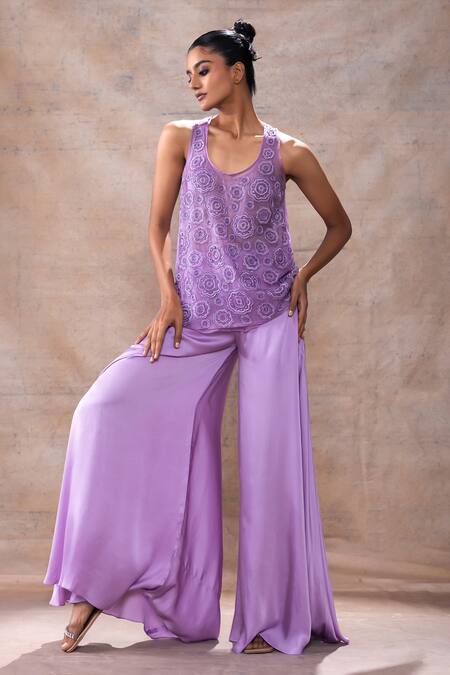 Shop Akashi Clothing Purple Modal, Organza, Satin Embroidery Cut Dana Layered Tunic With Flared Pant Online at Aza Fashions Shop_Akashi Clothing_Purple Modal, Organza, Satin Embroidery Cut Dana Layered Tunic With Flared Pant _Online_at_Aza_Fashions