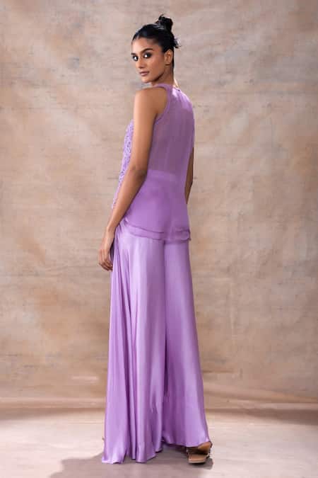Shop Akashi Clothing Purple Modal, Satin, Organza Embroidery Cut Dana Layered Tunic Flared Pant Set at Aza Fashions Shop_Akashi Clothing_Purple Modal, Satin, Organza Embroidery Cut Dana Layered Tunic Flared Pant Set _at_Aza_Fashions
