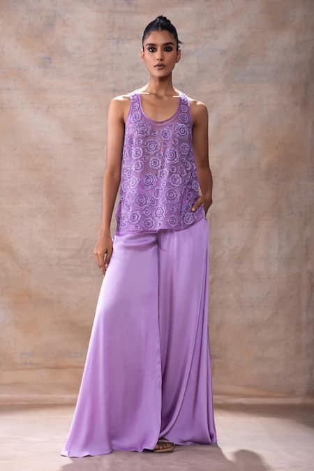 Akashi Clothing Purple Modal, Satin, Organza Embroidery Cut Dana Layered Tunic Flared Pant Set Online at Aza Fashions Akashi Clothing_Purple Modal, Satin, Organza Embroidery Cut Dana Layered Tunic Flared Pant Set _Online_at_Aza_Fashions