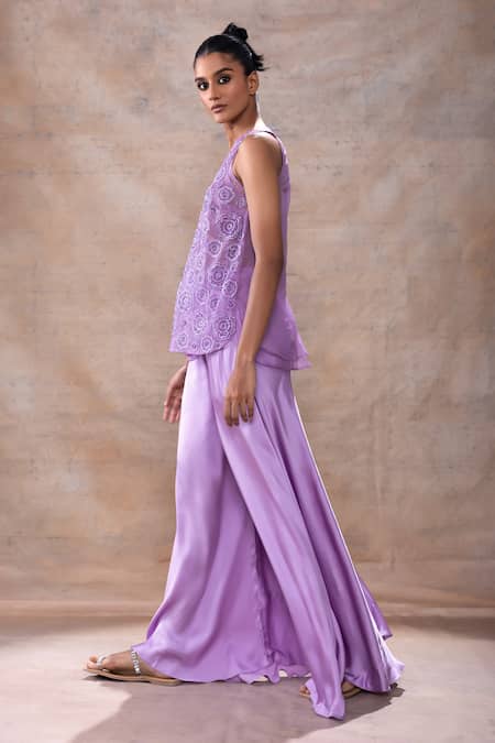 Shop Akashi Clothing Purple Modal, Satin, Organza Embroidery Cut Dana Layered Tunic Flared Pant Set Online at Aza Fashions Shop_Akashi Clothing_Purple Modal, Satin, Organza Embroidery Cut Dana Layered Tunic Flared Pant Set _Online_at_Aza_Fashions