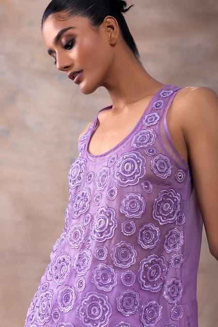 Akashi Clothing Purple Modal, Satin, Organza Embroidery Cut Dana Layered Tunic Flared Pant Set at Aza Fashions Akashi Clothing_Purple Modal, Satin, Organza Embroidery Cut Dana Layered Tunic Flared Pant Set _at_Aza_Fashions