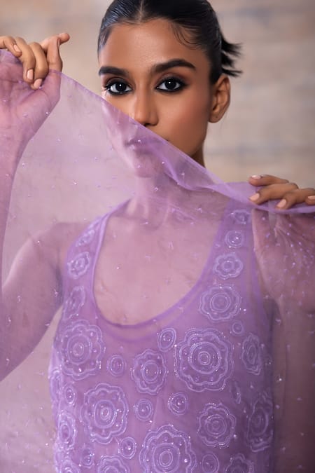 Buy Akashi Clothing Purple Modal, Satin, Organza Embroidery Cut Dana Layered Tunic Flared Pant Set Buy_Akashi Clothing_Purple Modal, Satin, Organza Embroidery Cut Dana Layered Tunic Flared Pant Set