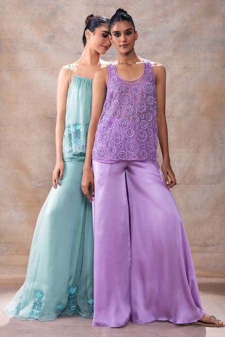 Shop Akashi Clothing Purple Modal, Satin, Organza Embroidery Cut Dana Layered Tunic Flared Pant Set Shop_Akashi Clothing_Purple Modal, Satin, Organza Embroidery Cut Dana Layered Tunic Flared Pant Set