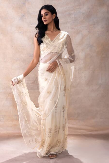 Akashi Clothing_Off White Modal, Organza, Dana Embroidered Pre-draped Skirt Saree With Blouse _Online_at_Aza_Fashions