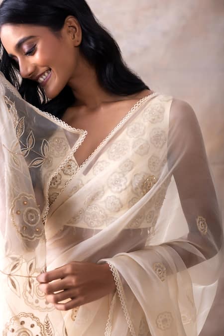 Buy_Akashi Clothing_Off White Modal, Organza, Dana Embroidered Pre-draped Skirt Saree With Blouse _Online_at_Aza_Fashions