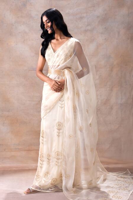 Shop_Akashi Clothing_Off White Modal, Organza, Dana Embroidered Pre-draped Skirt Saree With Blouse _Online_at_Aza_Fashions