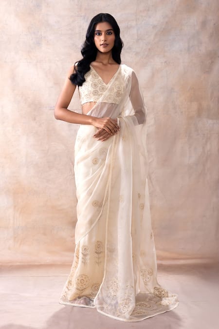 Akashi Clothing Off White Modal, Organza Cut Work, Embroidery, Dana Pre-draped Skirt Saree Set Online at Aza Fashions Akashi Clothing_Off White Modal, Organza Cut Work, Embroidery, Dana Pre-draped Skirt Saree Set _Online_at_Aza_Fashions