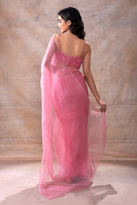Shop Akashi Clothing Pink Modal, Organza Crystals, Cut Work, Dana Saree With Patchwork Blouse at Aza Fashions Shop_Akashi Clothing_Pink Modal, Organza Crystals, Cut Work, Dana Saree With Patchwork Blouse _at_Aza_Fashions