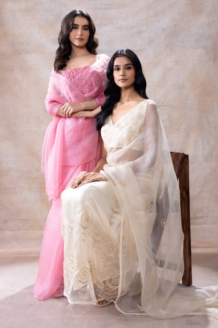 Akashi Clothing_Pink Modal, Organza Crystals, Cut Work, Dana Saree With Patchwork Blouse _Online_at_Aza_Fashions