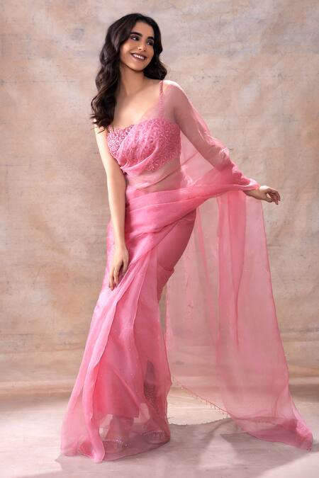 Shop Akashi Clothing Pink Modal, Organza Crystals, Cut Work, Dana Saree With Patchwork Blouse Online at Aza Fashions Shop_Akashi Clothing_Pink Modal, Organza Crystals, Cut Work, Dana Saree With Patchwork Blouse _Online_at_Aza_Fashions