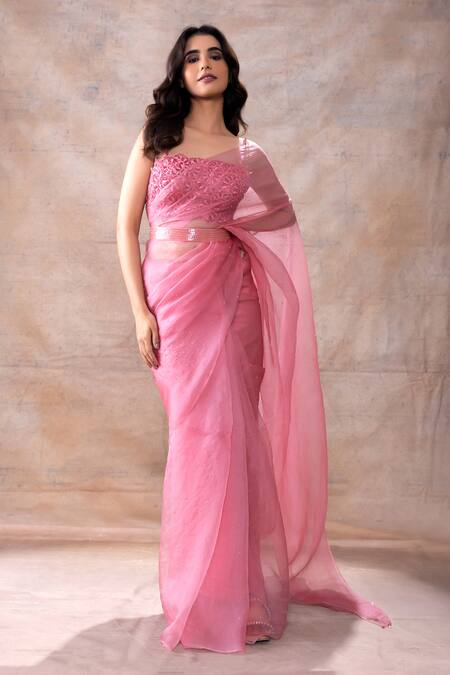 Akashi Clothing Pink Modal, Organza Crystals, Cut Work, Dana Saree With Patchwork Blouse at Aza Fashions Akashi Clothing_Pink Modal, Organza Crystals, Cut Work, Dana Saree With Patchwork Blouse _at_Aza_Fashions