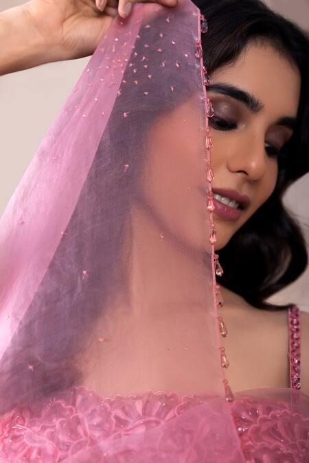 Buy_Akashi Clothing_Pink Modal, Satin, Organza Crystals, Embroidery, Patchwork Cut Dana Saree Set 