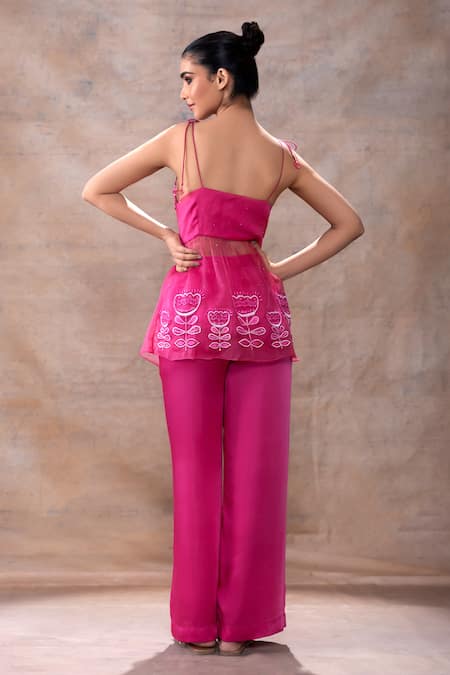 Shop Akashi Clothing Pink Modal, Organza, Satin Embroidery, Tassels Thread Tie-up Tunic With Pant at Aza Fashions Shop_Akashi Clothing_Pink Modal, Organza, Satin Embroidery, Tassels Thread Tie-up Tunic With Pant _at_Aza_Fashions