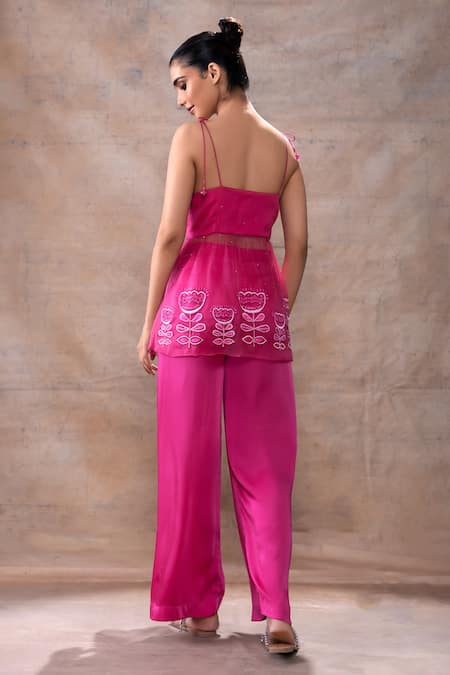 Shop Akashi Clothing Pink Modal, Organza, Satin Embroidery, Tassels Thread Tie-up Tunic With Pant Online at Aza Fashions Shop_Akashi Clothing_Pink Modal, Organza, Satin Embroidery, Tassels Thread Tie-up Tunic With Pant _Online_at_Aza_Fashions