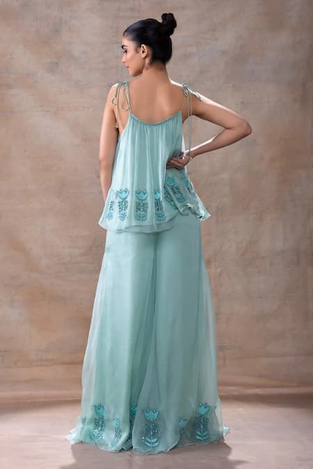 Shop Akashi Clothing Blue Modal, Organza, Satin Embroidery, Tassels Floral Tunic With Flared Pant at Aza Fashions Shop_Akashi Clothing_Blue Modal, Organza, Satin Embroidery, Tassels Floral Tunic With Flared Pant _at_Aza_Fashions