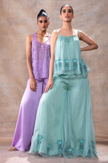 Akashi Clothing Blue Modal, Organza, Satin Embroidery, Tassels Floral Tunic With Flared Pant Online at Aza Fashions Akashi Clothing_Blue Modal, Organza, Satin Embroidery, Tassels Floral Tunic With Flared Pant _Online_at_Aza_Fashions