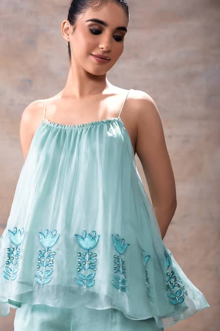 Buy Akashi Clothing Blue Modal, Organza, Satin Embroidery, Tassels Floral Tunic With Flared Pant Online at Aza Fashions Buy_Akashi Clothing_Blue Modal, Organza, Satin Embroidery, Tassels Floral Tunic With Flared Pant _Online_at_Aza_Fashions