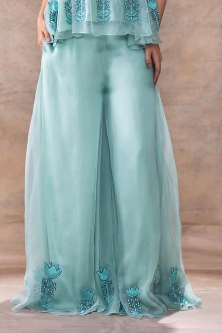 Shop Akashi Clothing Blue Modal, Organza, Satin Embroidery, Tassels Floral Tunic With Flared Pant Online at Aza Fashions Shop_Akashi Clothing_Blue Modal, Organza, Satin Embroidery, Tassels Floral Tunic With Flared Pant _Online_at_Aza_Fashions