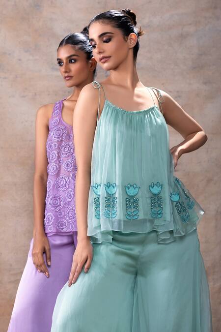 Akashi Clothing Blue Modal, Organza, Satin Embroidery, Tassels Floral Tunic With Flared Pant at Aza Fashions Akashi Clothing_Blue Modal, Organza, Satin Embroidery, Tassels Floral Tunic With Flared Pant _at_Aza_Fashions