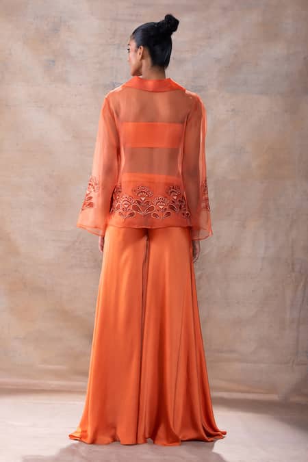 Akashi Clothing Floral Embroidered Sheer Short Kurta Flared Pant Set 