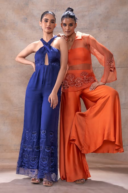 Buy_Akashi Clothing_Orange Modal, Satin Embroidery Shawl Neck, Floral Sheer Short Kurta Pant Set _Online_at_Aza_Fashions