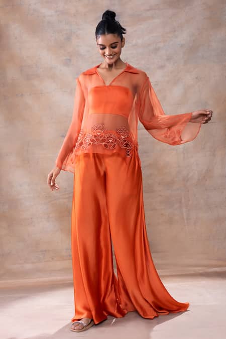 Akashi Clothing_Orange Modal, Satin Embroidery Shawl Neck, Floral Sheer Short Kurta Pant Set _at_Aza_Fashions