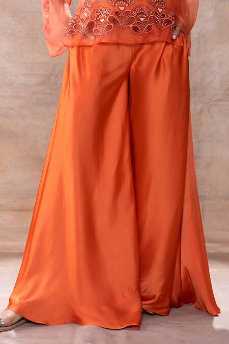 Buy_Akashi Clothing_Orange Modal, Satin Embroidery Shawl Neck, Floral Sheer Short Kurta Pant Set 