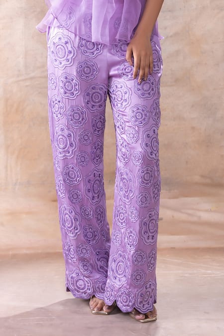 Shop Akashi Clothing Purple Modal, Organza, Satin Embroidery, Cut Work Round Neck Sheer Top Pant Set Online at Aza Fashions Shop_Akashi Clothing_Purple Modal, Organza, Satin Embroidery, Cut Work Round Neck Sheer Top Pant Set _Online_at_Aza_Fashions