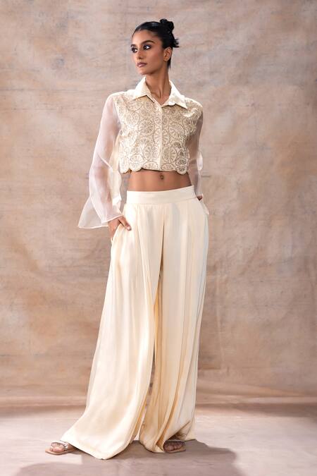 Buy_Akashi Clothing_Off White Modal, Satin Embroidery Floral Thread Crop Shirt With Flared Pant _Online_at_Aza_Fashions
