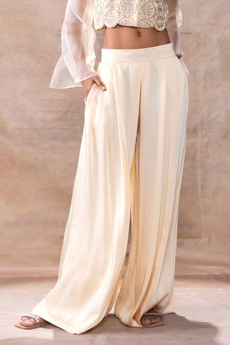 Shop_Akashi Clothing_Off White Modal, Satin Embroidery Floral Thread Crop Shirt With Flared Pant _Online_at_Aza_Fashions