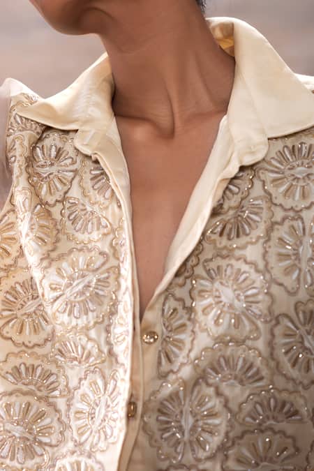 Akashi Clothing_Off White Modal, Satin Embroidery Floral Thread Crop Shirt With Flared Pant _at_Aza_Fashions