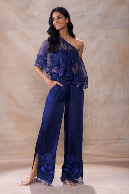 Akashi Clothing Floral Embroidered One Shoulder Cape Slit Pant Set 